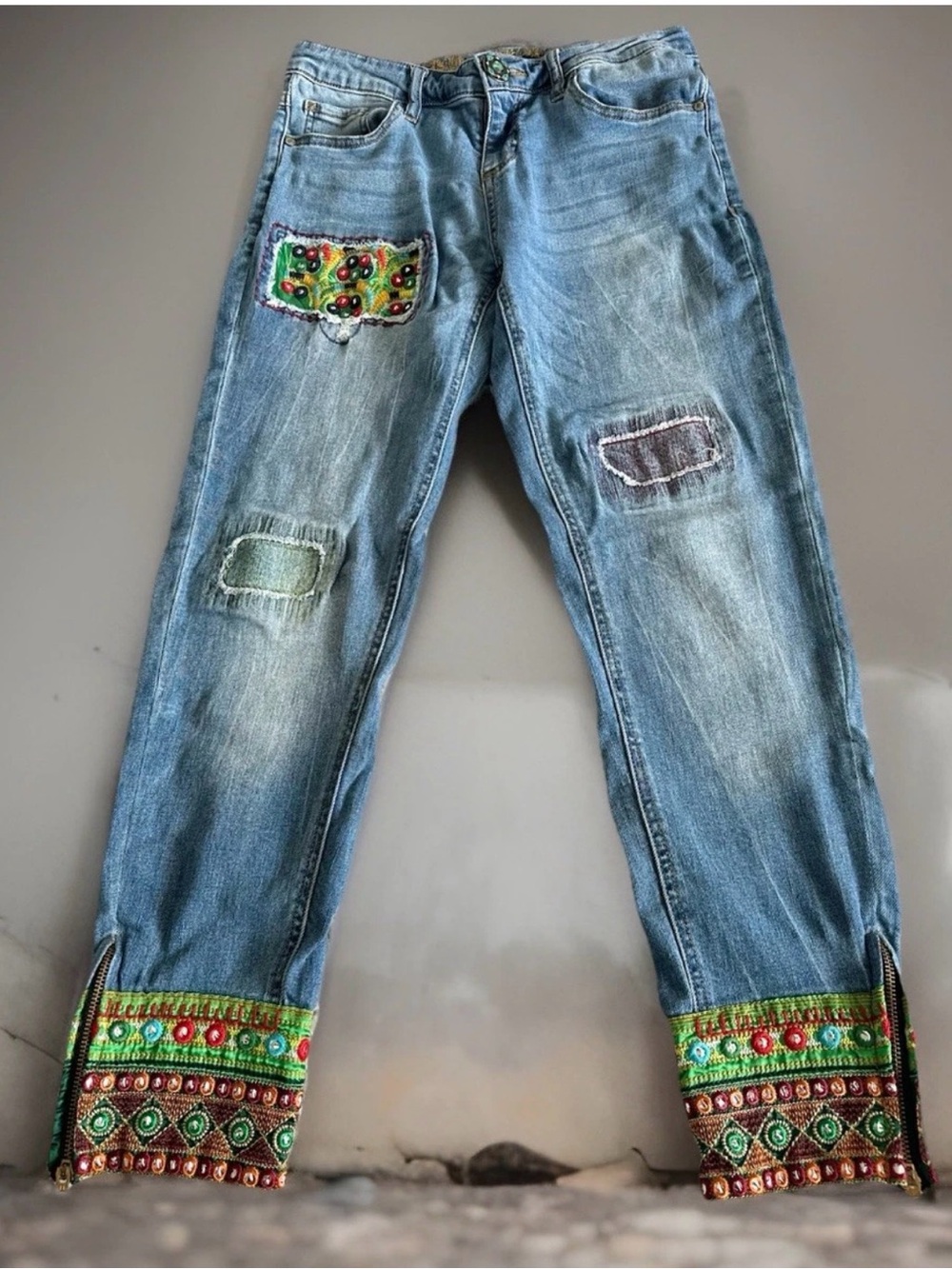 Desigual Jadi Wanita Embroidered Zip Embellished Patchwork Boho Blue Jeans Sz 30
